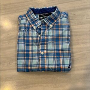 Nautica Men's Blue and Orange Plaid Shirt
